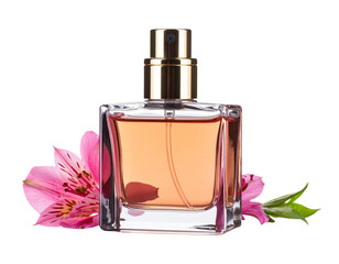 Elegant Perfume Bottle with Pink Alstroemeria Flowers.