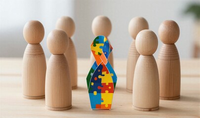 Wooden figures surround a central figure adorned with colorful autism awareness puzzle ribbon.