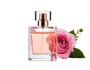 Elegant Perfume Bottle with Pink Rose on White Background.