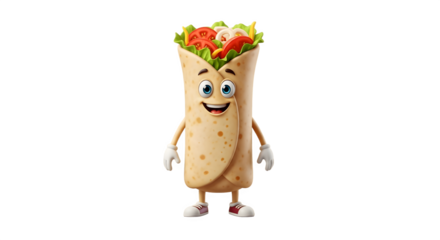Cheerful cartoon burrito character with happy face and delicious fillings.