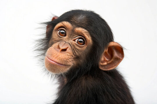 An adorable young chimpanzee with expressive eyes and large ears on studio background.