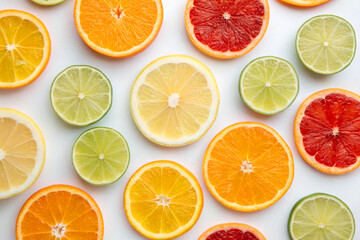 Obraz premium A vibrant arrangement of fresh citrus fruits on a white background.