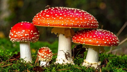 Close up of vibrant red and white mushrooms in forest setting