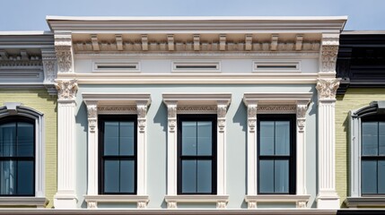 Obraz premium Heritage street view focusing on symmetrical window placements and decorative moldings combining historical charm with balanced composition.
