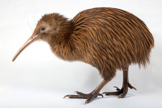 A charming kiwi bird with long beak and fluffy brown feathers on a white background.