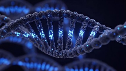 Deoxyribonucleic acid double helix structure showing genetic code information with vibrant blue light - Powered by Adobe