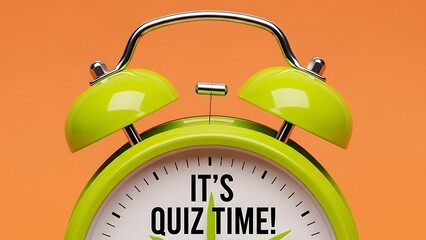 Green alarm clock with "It's Quiz Time!" text on orange background
