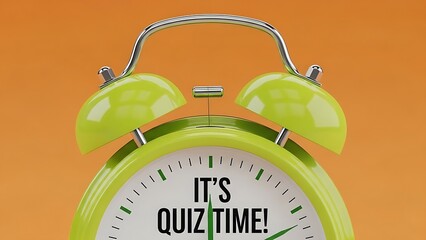 Green alarm clock with "It's Quiz Time!" text on orange background