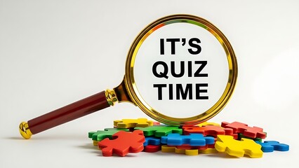 Magnifying glass over colorful puzzle pieces with text it's quiz time
