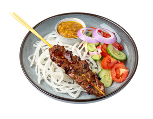 Delicious Grilled Meat Skewer with Peanut Sauce and Fresh Salad.