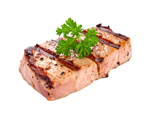 Grilled Salmon Steak with Parsley Garnish.