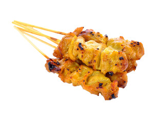 Delicious Grilled Chicken Satay Skewers on White Background.
