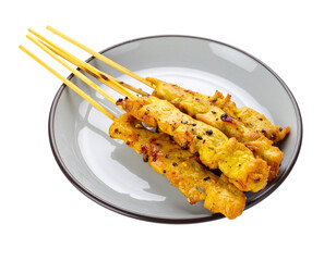Delicious Chicken Satay Skewers on a Plate.