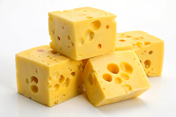 Cubes of Swiss cheese with large holes on white background.