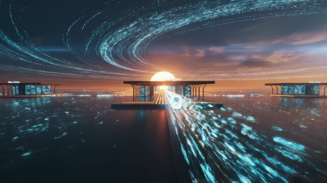 Futuristic Train Travels Through Digital Binary Network Landscape