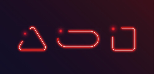Red glowing neon geometric shapes including triangle, rounded rectangle, and square on dark gradient background