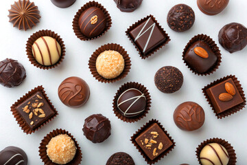 Assortment of luxurious chocolate truffles on white background.