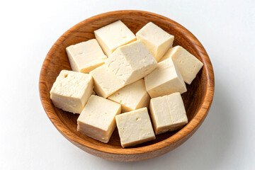 wooden bowl filled with fresh, creamy white tofu cubes on a clean white background.