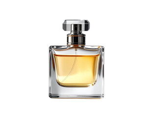 Elegant Perfume Bottle with Golden Liquid on White Background.