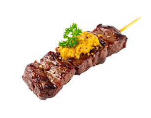 Delicious Beef Skewer with Mustard and Parsley.