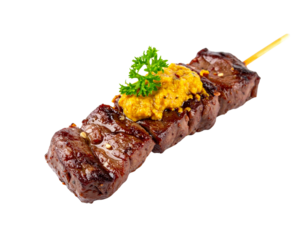 Delicious Beef Skewer with Mustard and Parsley.