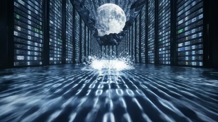 Binary Code Stream Flows Through Futuristic Data Center With Moon - Powered by Adobe
