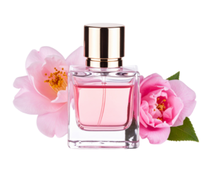 Elegant Perfume Bottle with Pink Roses on White Background.