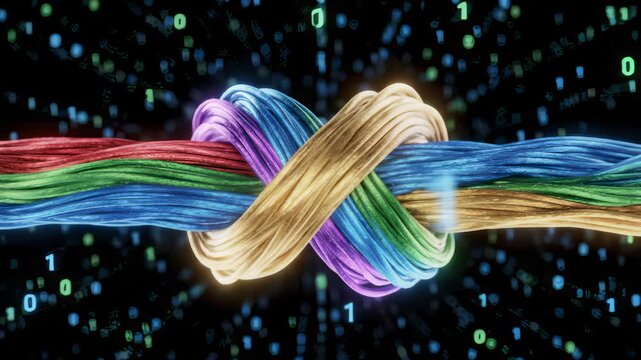Connected Cables Forming Knot Surrounded by Binary Code Strings