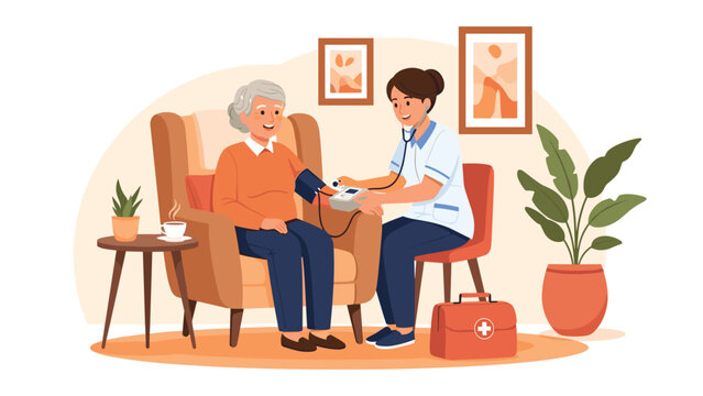 Nurse checks elderly womans blood pressure at home, Generative AI.