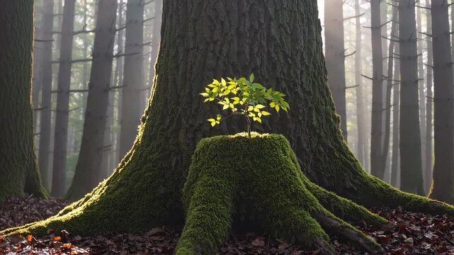 A small sapling growing from an old tree stump in the middle of a misty forest, soft sunlight shining through the fog, symbol of rebirth and hope, nature resilience