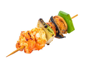 Delicious Grilled Shrimp and Vegetable Skewer on White Background.