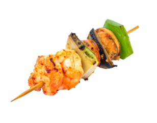 Delicious Grilled Shrimp and Vegetable Skewer on White Background.