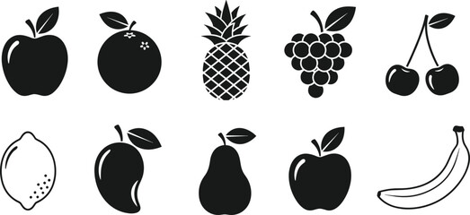  Fruit icons vector illustration featuring black silhouettes of apple, orange, pineapple, grapes, cherry, lemon, mango, pear, and banana for healthy food design, © MstMaher