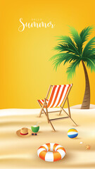 Summer beach illustration with palm tree, striped deck chair, lifebuoy, beach ball, coconut drink and accessories on yellow background. Tropical holiday concept.