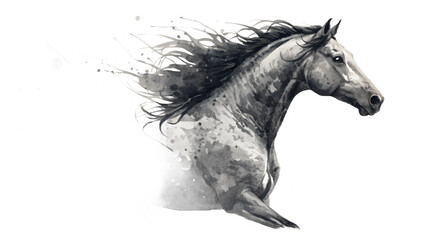 Watercolor painting of a galloping horse in grayscale with flowing mane and splattered artistic brush strokes © CrownedCanvas