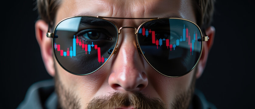 Focused individual wearing sunglasses reflects stock market data, showcasing determination and insight into financial trends - Powered by Adobe