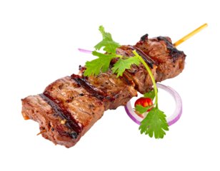 Delicious Grilled Beef Skewer with Onion and Cilantro Garnish.