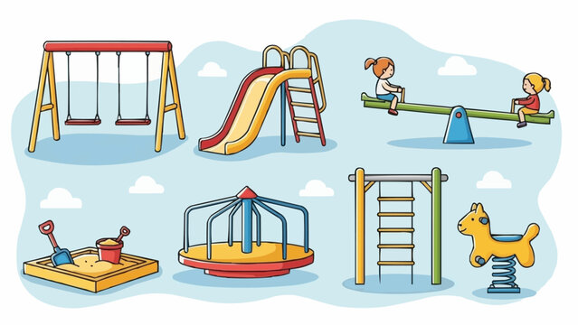 Childrens playground equipment with swings slide carousel and sandbox.