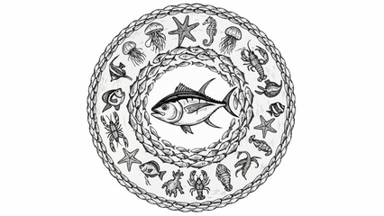 Circular illustration of marine life with a tuna fish in the center. © Roki