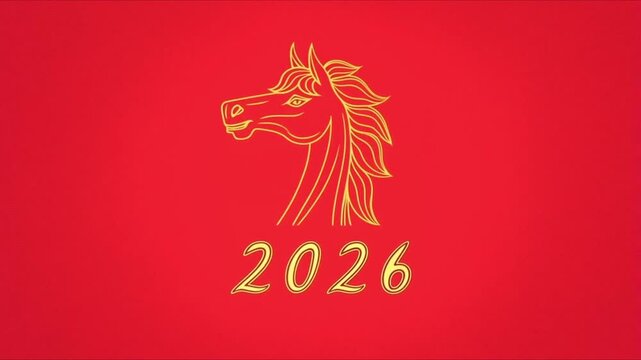 Apparition t&ecirc;te de cheval stylis&eacute;e estampe en contour vectoriel dor&eacute; isol&eacute; sur fond rouge.