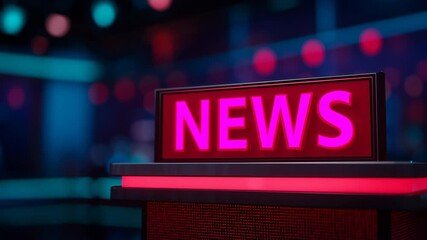 Supply chain import tariff, news broadcasting studio lights and sign.