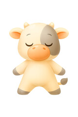 Fototapeta premium Cute meditating baby cow with closed eyes in a charming cartoon style illustration isolated on transparent background