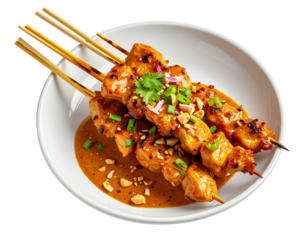 Delicious Chicken Satay Skewers with Peanut Sauce.