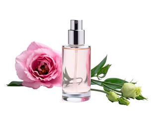 Elegant Perfume Bottle with Pink Rose and Green Leaves.
