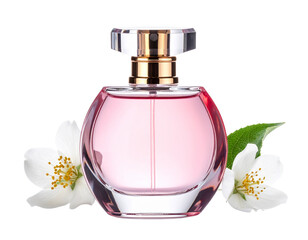 Elegant Pink Perfume Bottle with Jasmine Flowers.