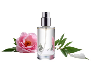 Elegant Perfume Bottle with Pink Peony Flower and Green Leaves.