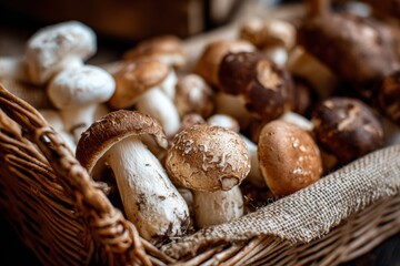 Close-up of fresh mixed mushrooms in wicker basket lined with burlap, farmers market concept