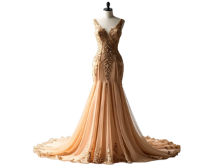 Elegant Gold and Peach Mermaid Prom Dress with Intricate Embellishments.