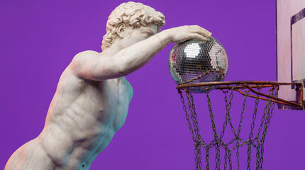 Surreal digital image of a classic marble statue dunking a disco ball into a basketball hoop