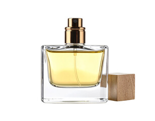 Elegant Perfume Bottle with Wooden Cap on White Background.